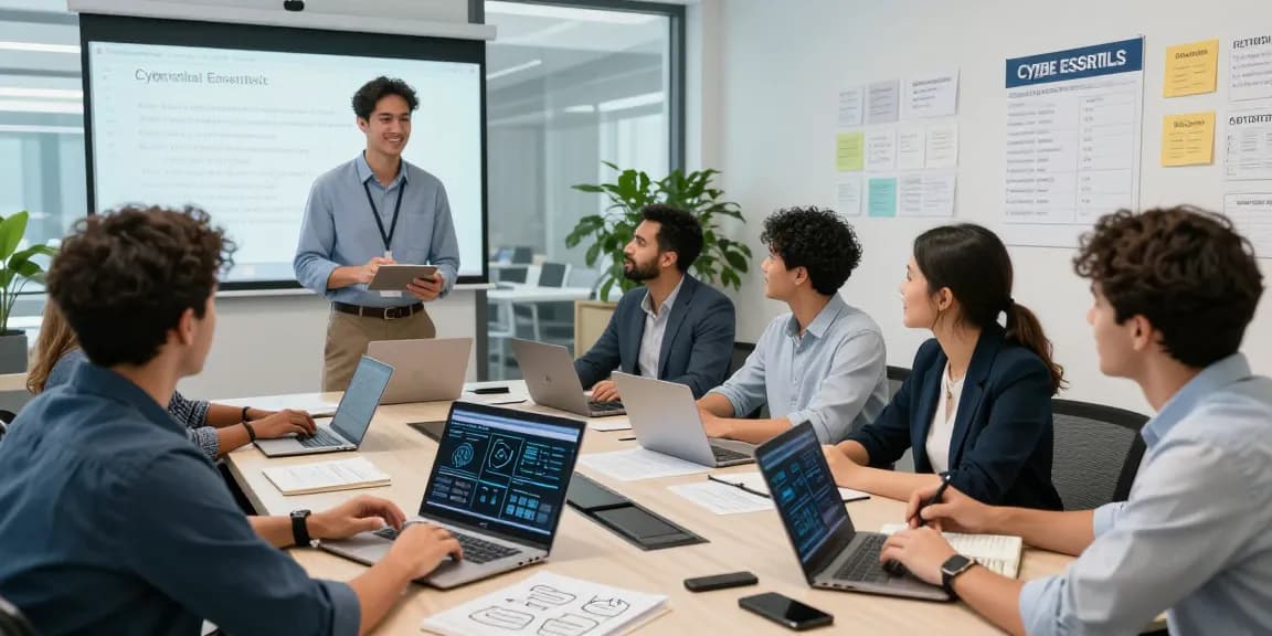 Team discussing the Cyber Essentials checklist in a modern office setting, collaborating on cybersecurity strategies.
