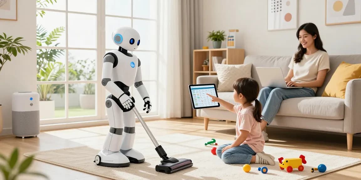 Home robot 2026: A humanoid robot assisting a family with chores in a modern living room.