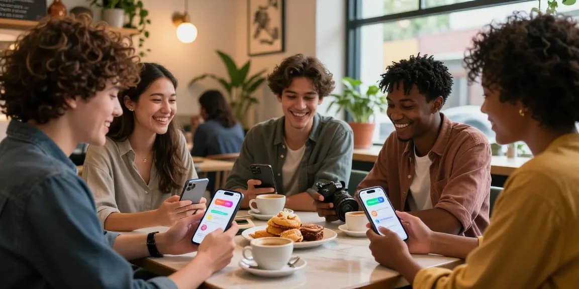 Friends enjoying conversation with SpicyChat app in a cozy café setting.
