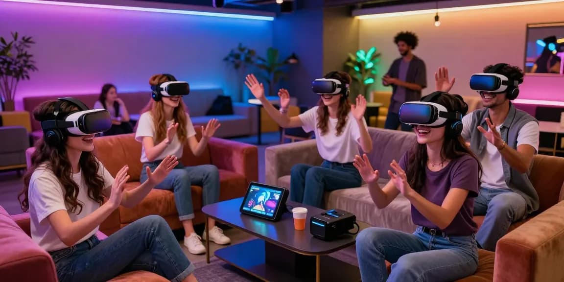 Engaging virtual reality lounge scene with ai sluts avatars, showcasing social interaction and immersive experiences.