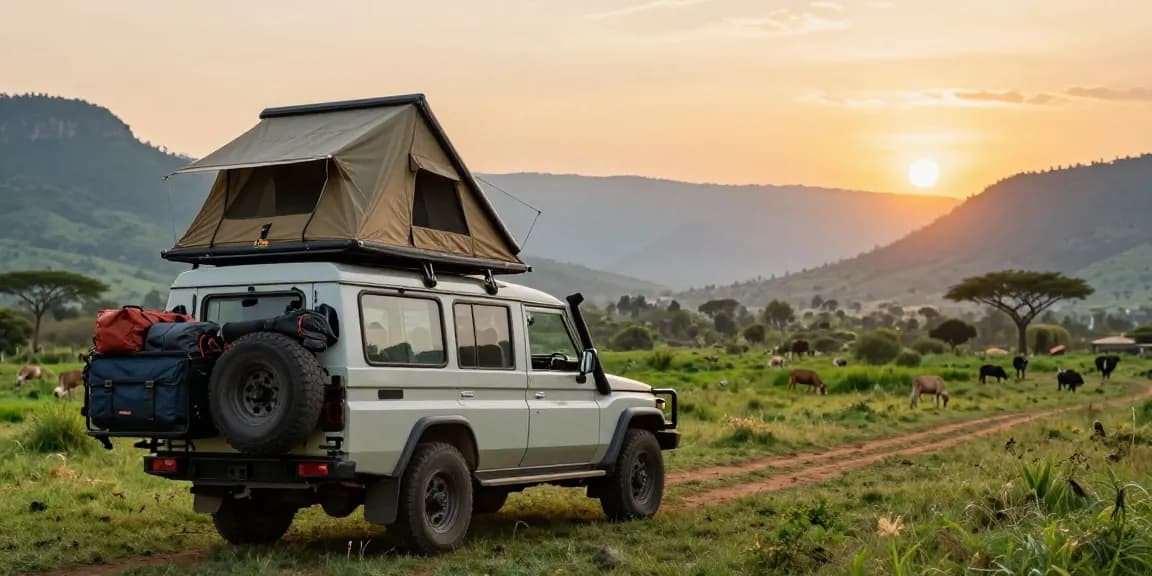Car hire Uganda adventure with a 4x4 vehicle in stunning landscapes.