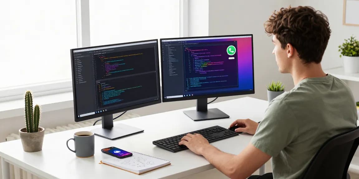 Developer coding for WhatsApp下載 in a modern workspace with bright natural light.