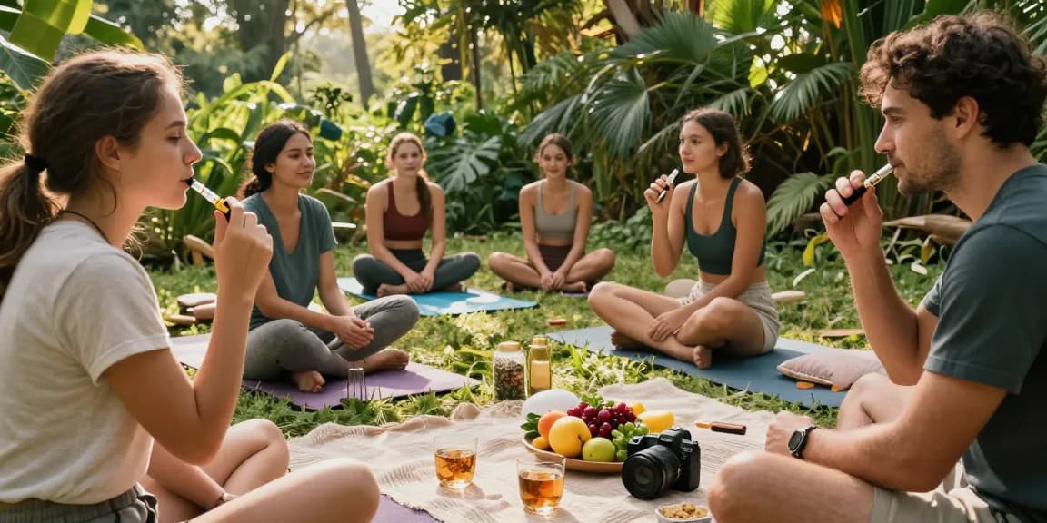 Enjoying thc vape juice outdoors in a wellness retreat, surrounded by nature and healthy snacks, emphasizing a natural wellness vibe.