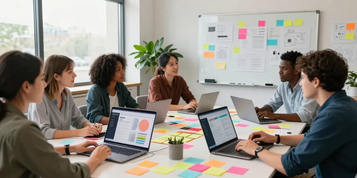 Creative team collaborating with GoJelly AI templates for innovative projects in a modern workspace.