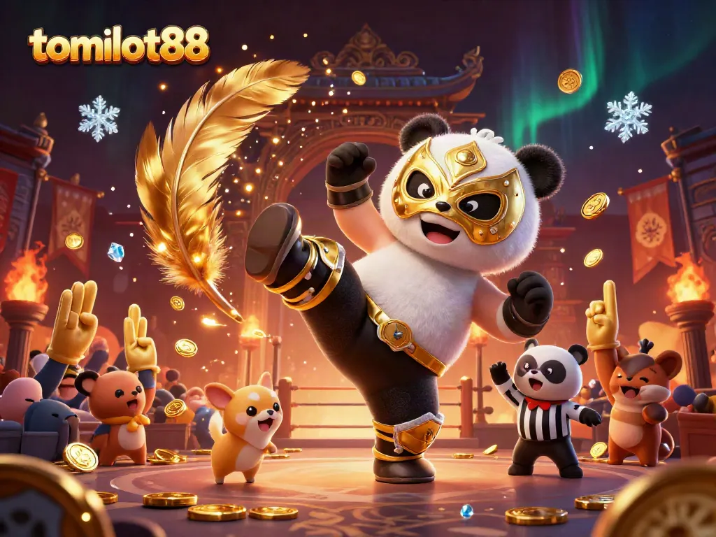 Experience thrilling action at tomslot88 as a panda wrestler kicks into excitement among cheering animal fans.