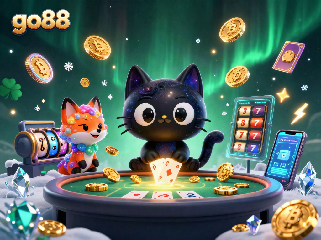 Experience go88's cosmic casino with a black hole cat, chips, and cards in a vibrant galaxy scene.