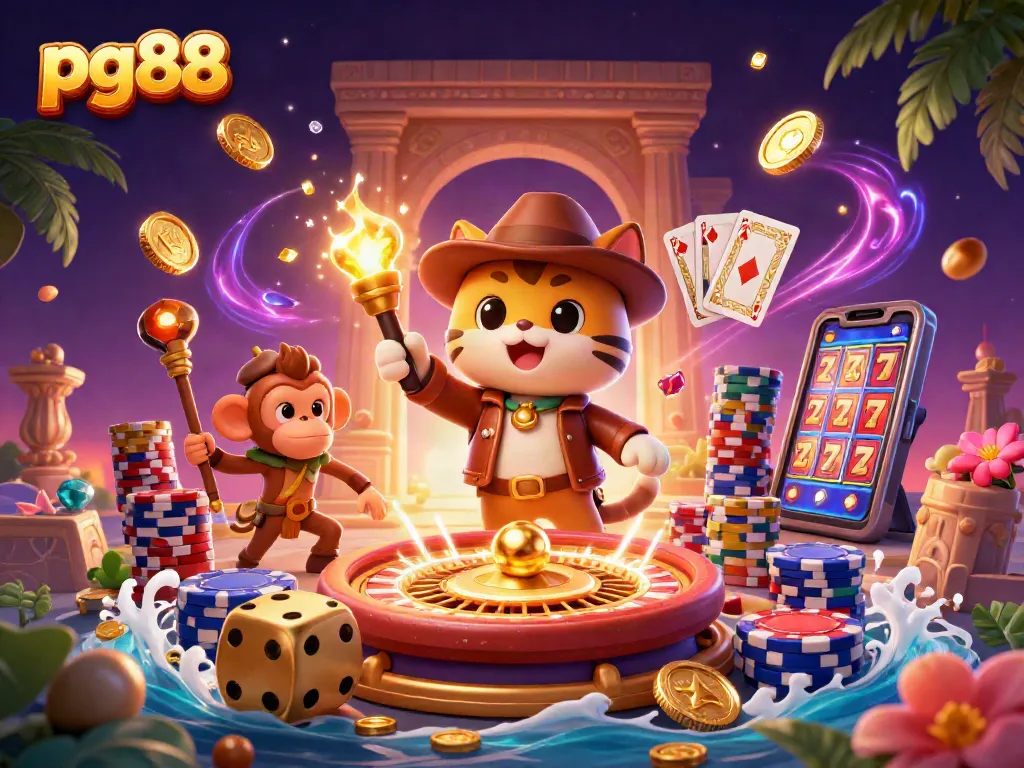 Experience pg88's dynamic gaming adventure with colorful casino elements and vibrant 3D characters.