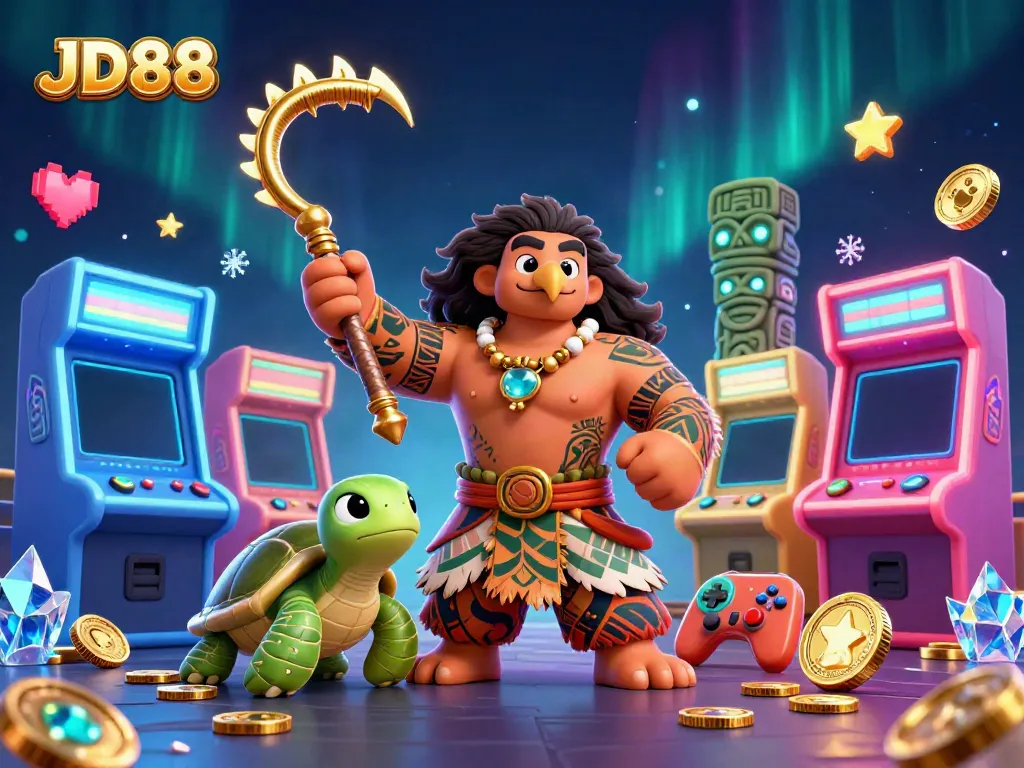 Experience the excitement of JD88 with a vibrant casino-themed 3D illustration showcasing games and characters.