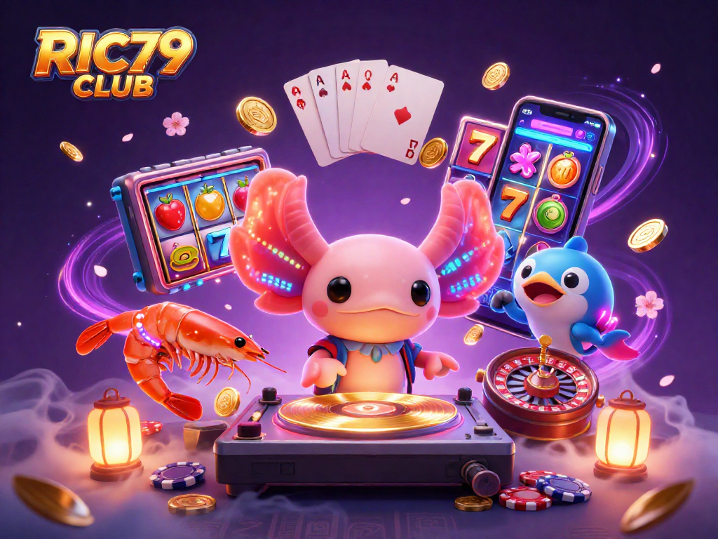 RIC79 CLUB showcases an exciting neon-themed casino scene with vibrant characters and lively gaming action.