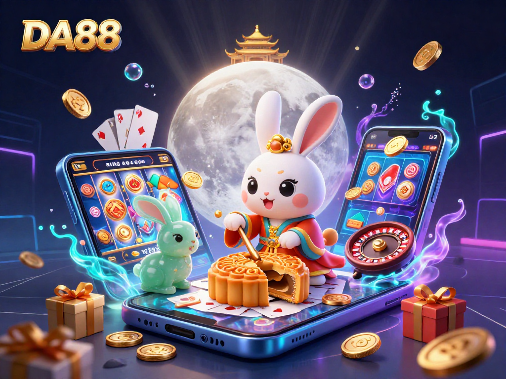 Engage with DA88's vibrant casino scene featuring a moon rabbit and dynamic gaming elements.
