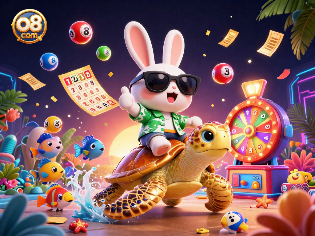 Play exciting games at o8 com with vibrant characters and colorful lottery elements in a lively casino scene.