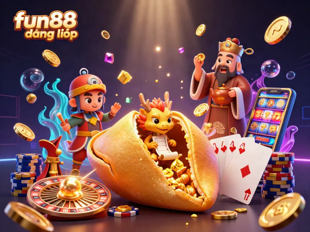 Experience fun88 đăng nhập with a vibrant scene of animated casino elements and golden treasures.