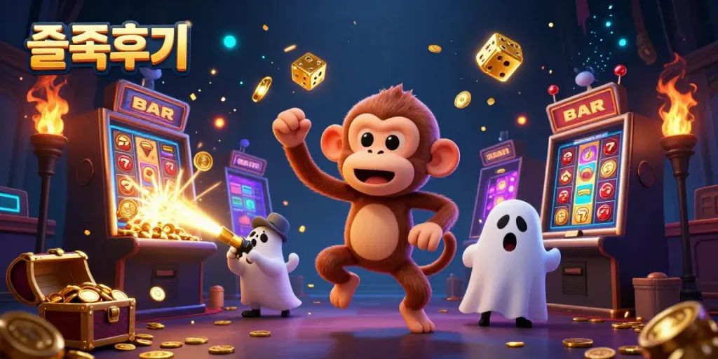 Exciting slots review illustration featuring the mischievous poltergeist monkey juggling gold, surrounded by vibrant casino elements.