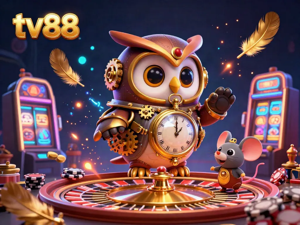Win big with tv88 in this dynamic casino scene featuring an owl and mouse in steampunk gear.