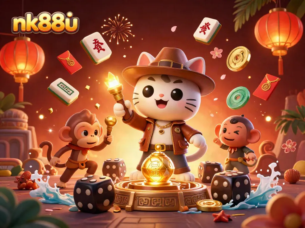Engage in thrilling gaming at nk88u with vibrant casino elements surrounding a cat explorer.