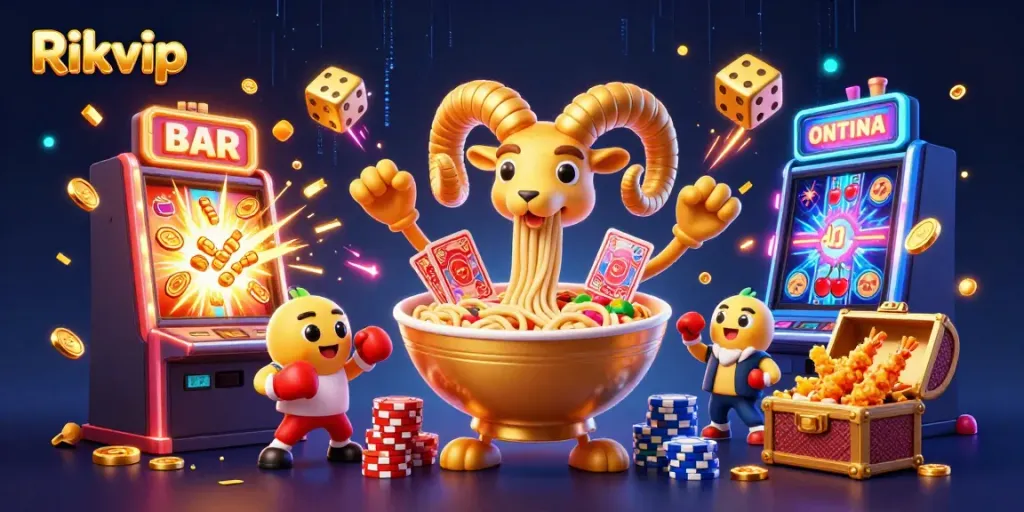 Experience high-stakes fun at Rikvip with vibrant casino characters engaging in a thrilling game.