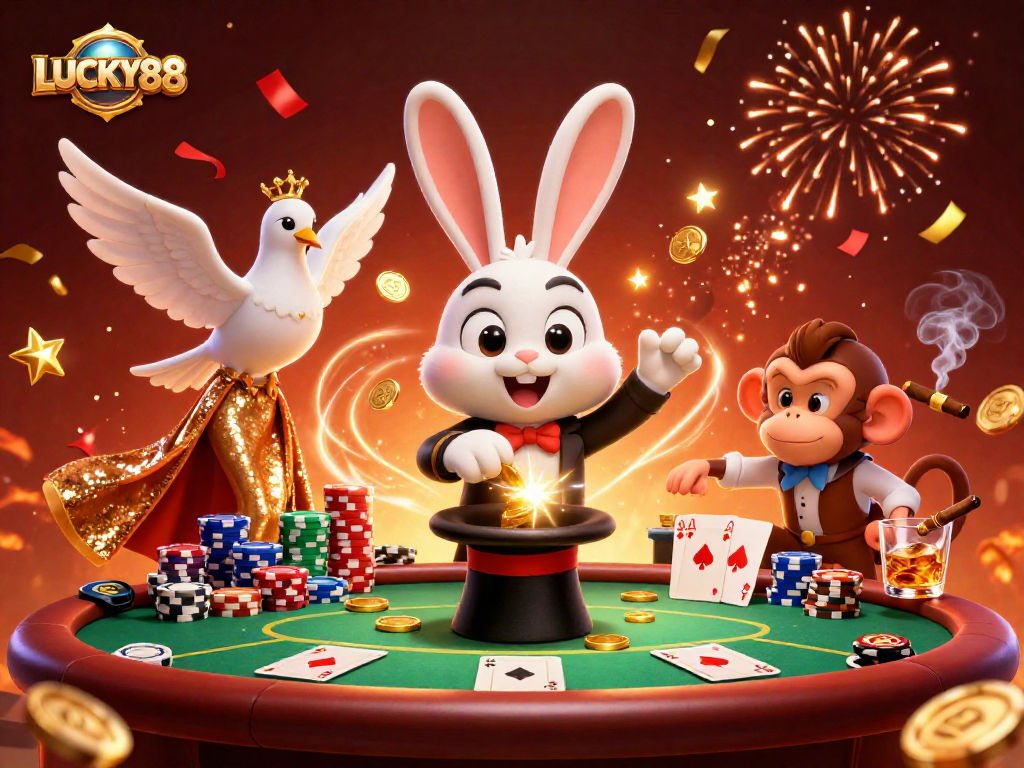 Experience excitement with LUCKY88 as a magician rabbit reveals golden coins amidst poker chips.
