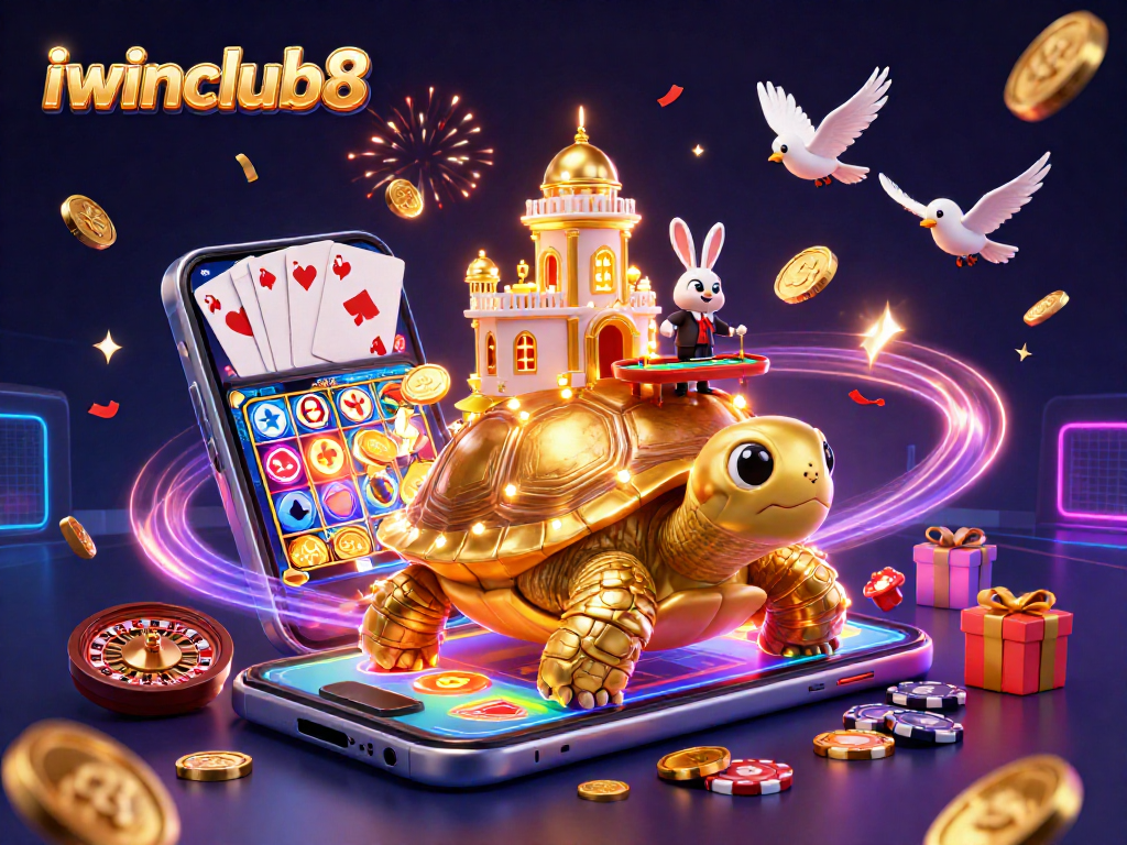 Join the vibrant scene of iwinclub8 with a golden tortoise casino, rabbit dealer, and flying coins!