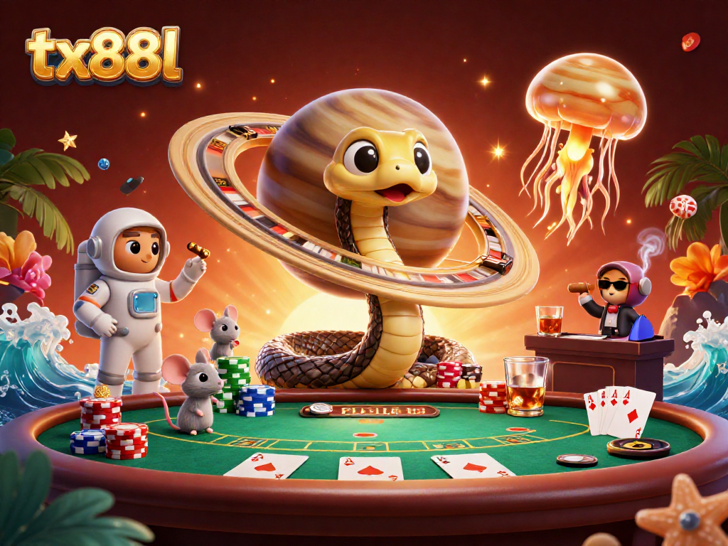 Engage with tx88l through thrilling cosmic betting on a vibrant roulette wheel and poker scene.