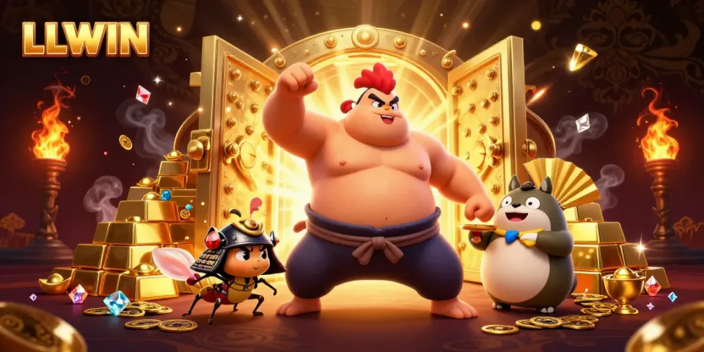 Experience the thrilling energy of LLWIN with dynamic casino elements featuring sumo wrestlers and treasures in vivid detail.