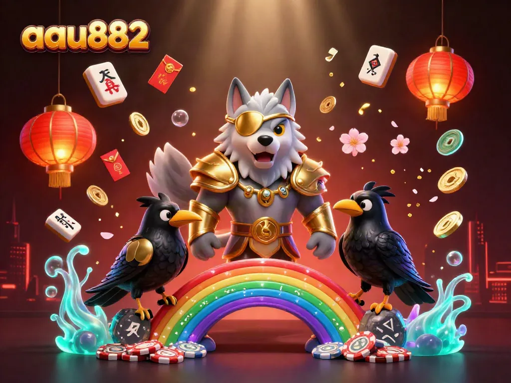 Experience the mystical world of aau882 with Odin and his ravens amidst vibrant casino symbols.