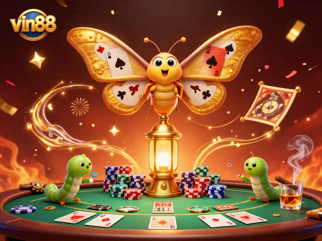 Win big with vin88 in a dazzling casino scene featuring vibrant poker elements.
