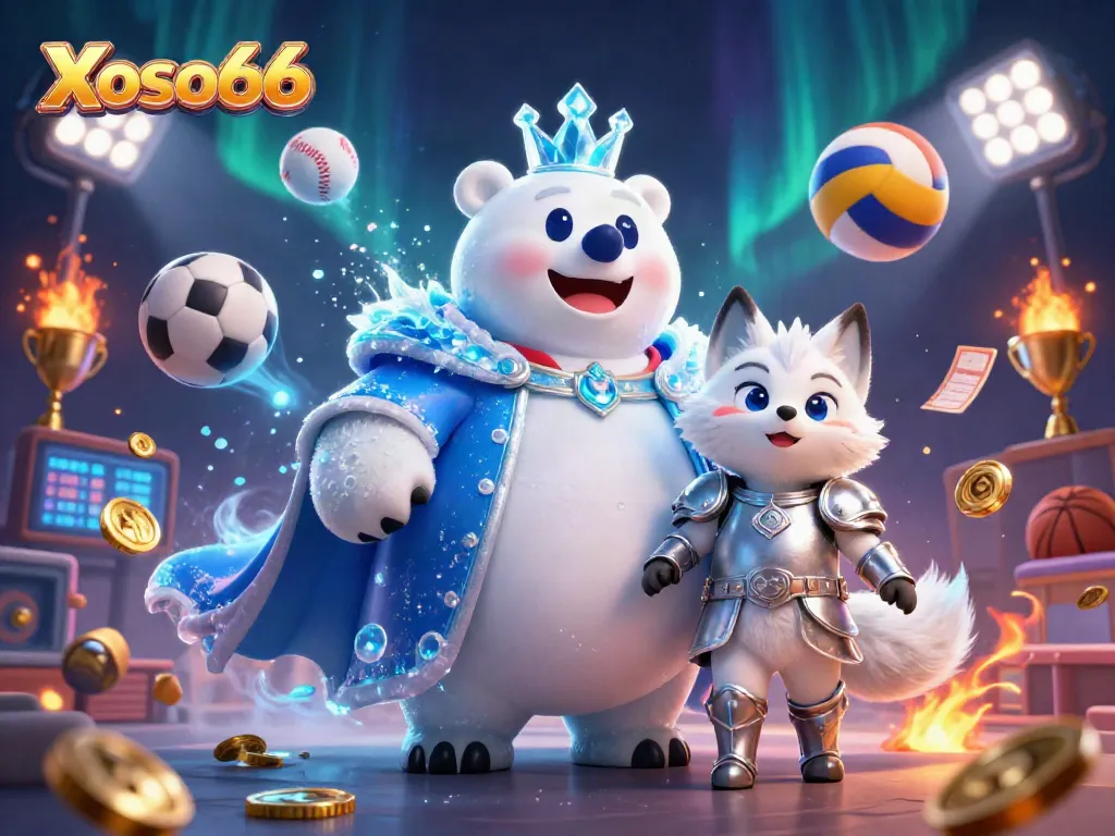 Xoso66 offers an exciting lottery experience with the ice king polar bear and snow fox in a vibrant casino scene.