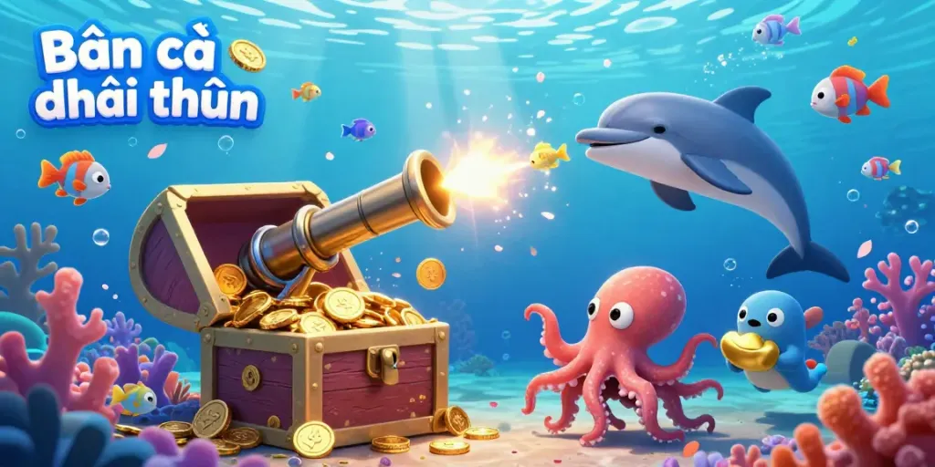 Engage in Bắn cá đổi thưởng with vibrant underwater creatures and fish game cannon shooting gold coins.
