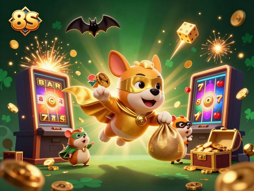 Experience the thrilling slot action with 8S featuring a superhero dog and vibrant casino elements.