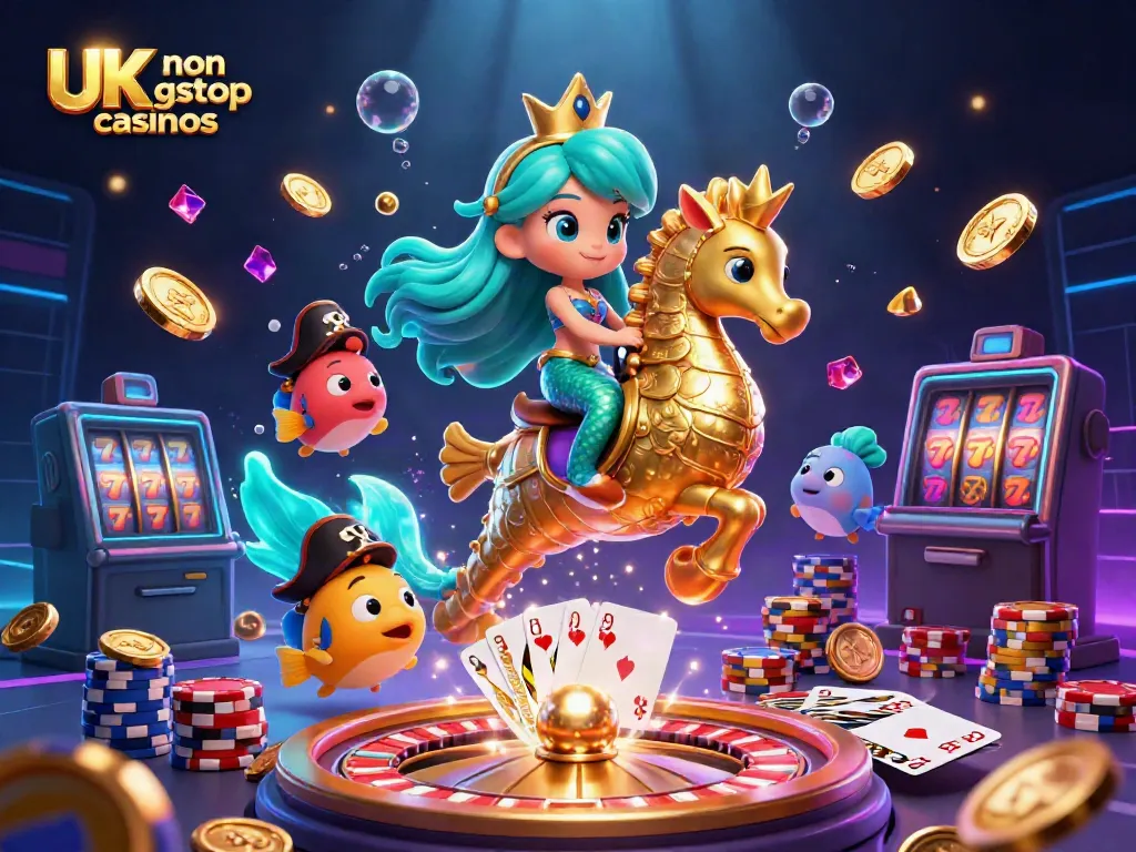 Experience the thrill of UK non gamstop casinos with a vibrant underwater casino scene featuring a mermaid princess.