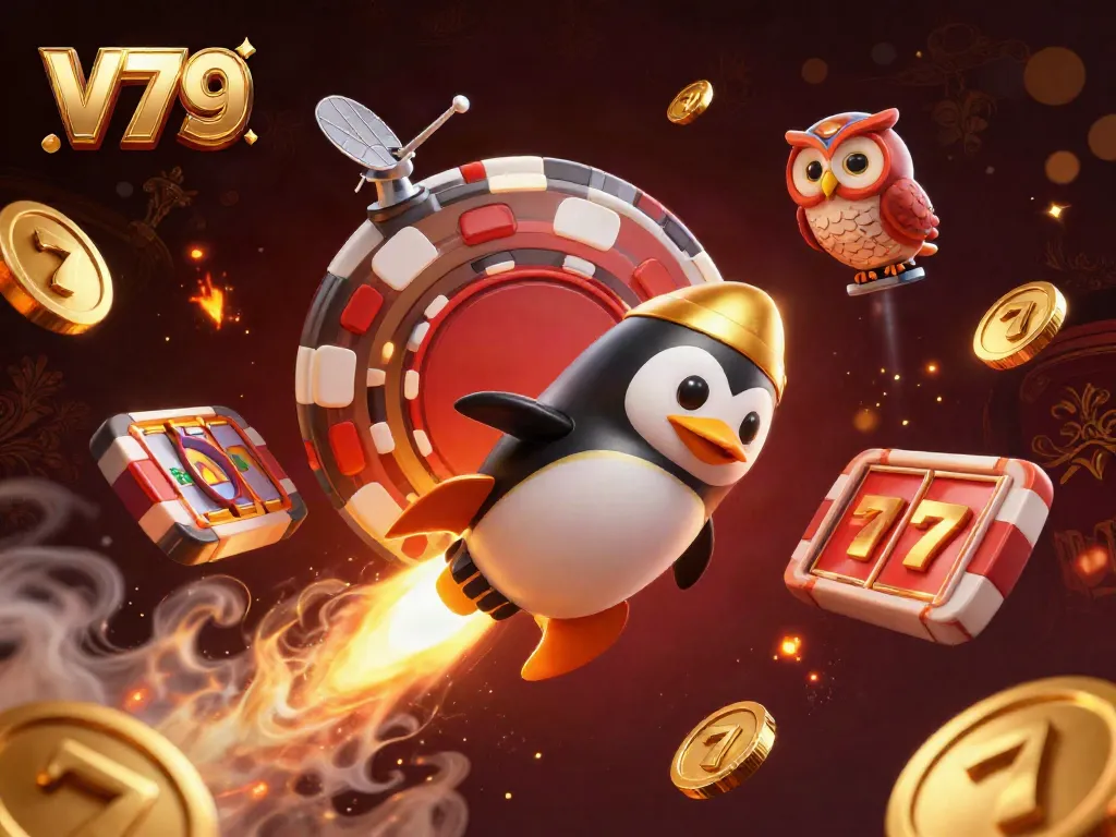 Engage with V79 as a golden penguin flies toward a vibrant casino in space, showcasing dazzling casino elements.