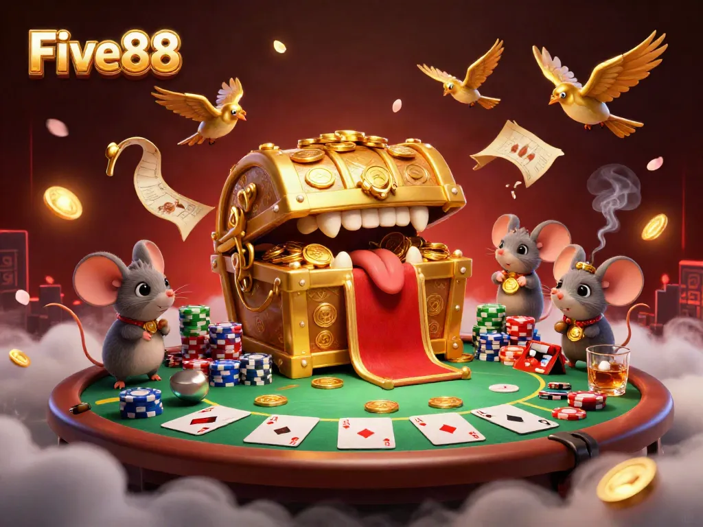 Engage in thrilling games at Five88 with a vibrant casino scene filled with poker elements.