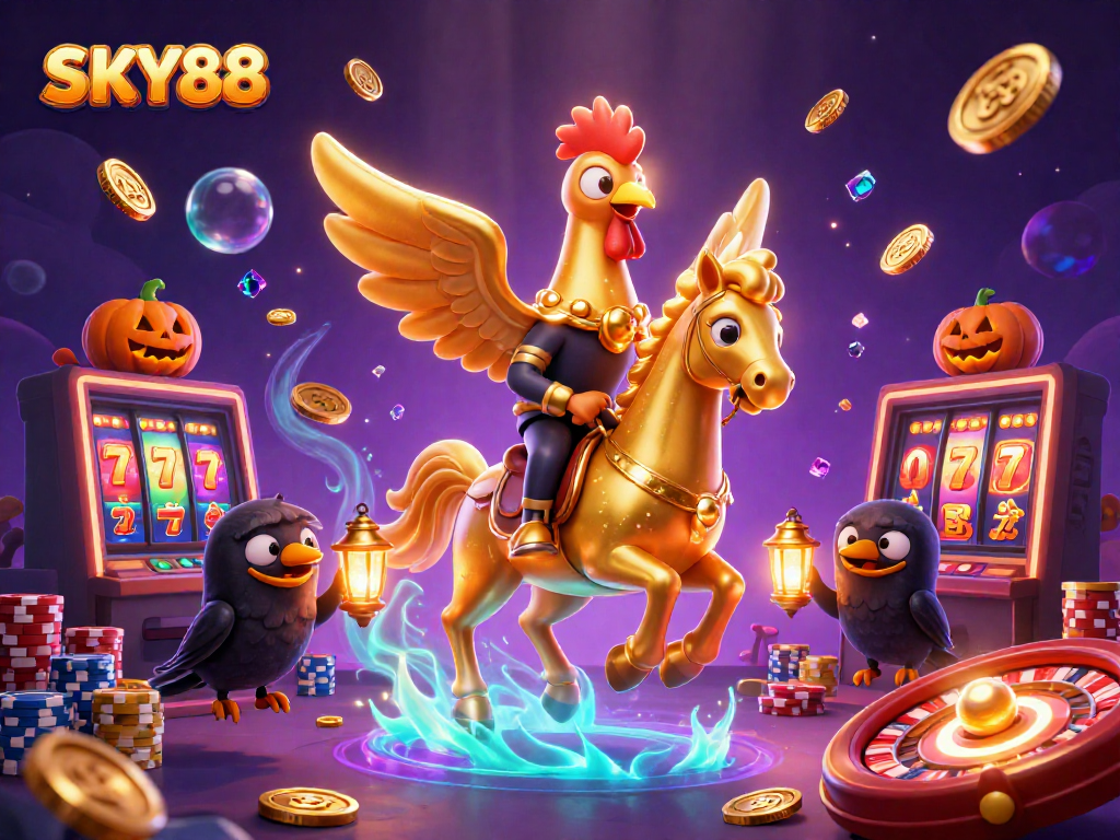 Experience the excitement of SKY88 in a vibrant casino scene with golden rooster and dynamic games.