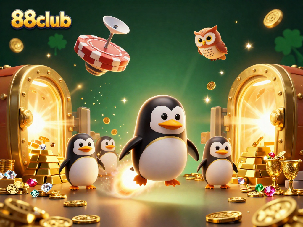 Win big with 88club's exciting golden penguin adventure in a captivating casino scene.