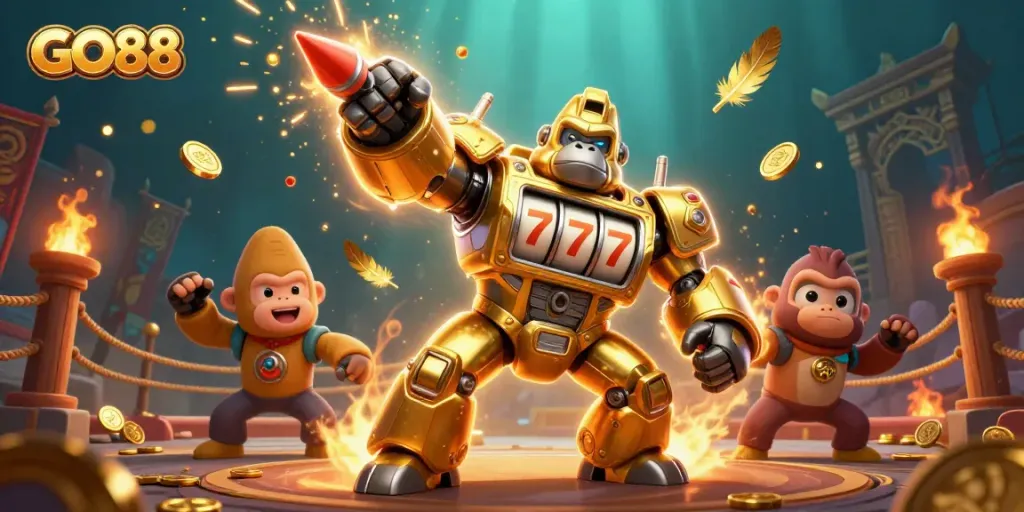 Join the GO88 adventure with a thrilling golden gorilla mech and vibrant gambling elements!
