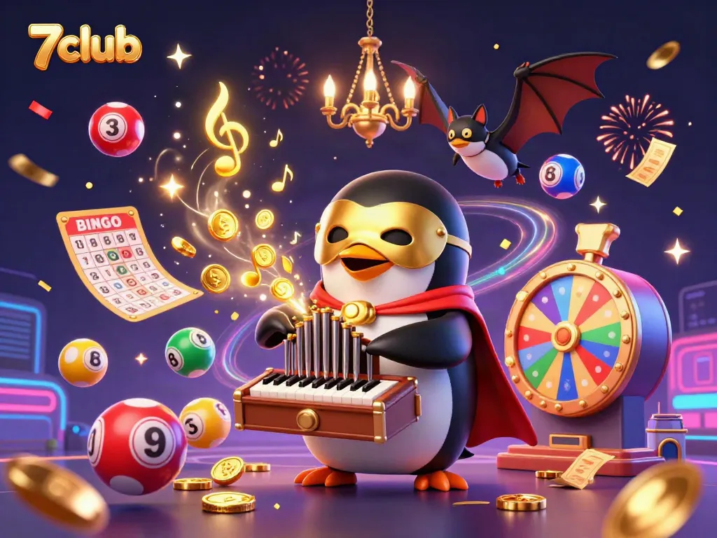 Engage with 7club's vibrant scene featuring a penguin playing an organ amid confetti and lottery elements.