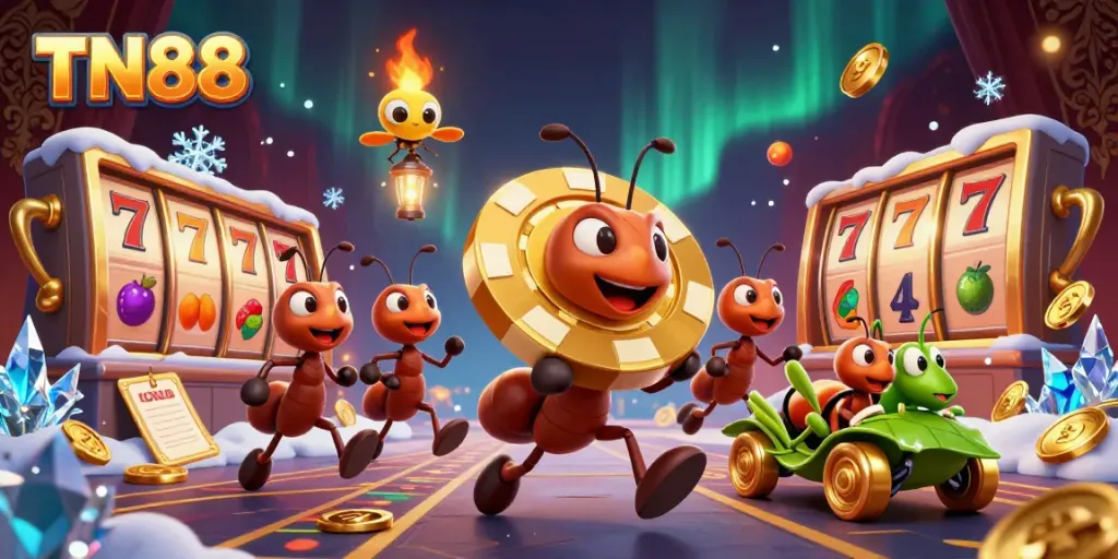 Engaging TN88 scene with ants carrying a golden poker chip in a vibrant casino heist