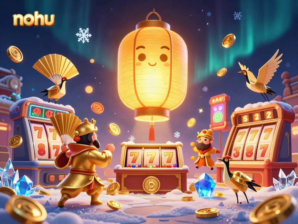 Nohu's exciting dynamic scene showcasing a golden lantern spirit and warriors in a casino setting, with vibrant slot machines and jackpot elements.