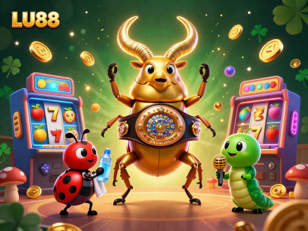 LU88 showcases an exhilarating casino scene featuring a boxing stag beetle, vibrant slot machines, and more.
