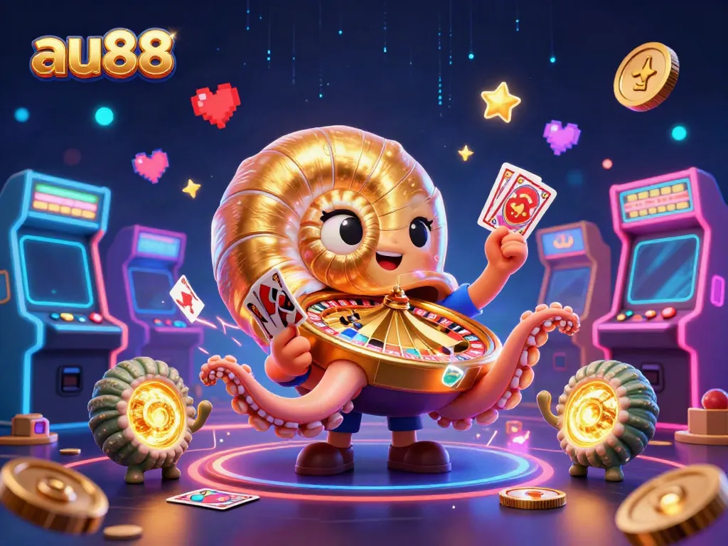 Experience thrilling action with au88 featuring a giant nautilus as a roulette wheel amidst vibrant casino elements.