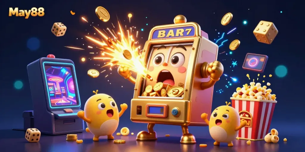 May88's thrilling jackpot scene with a golden slot machine bursting coins, colorful symbols, and cheerful companions.