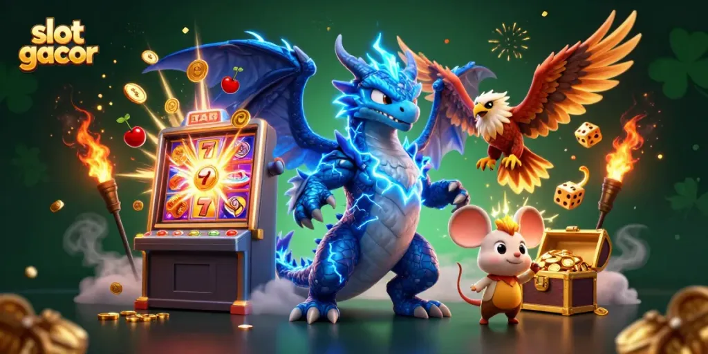 Experience thrilling slot gacor action with a dynamic casino scene featuring a dragon and slot machine.
