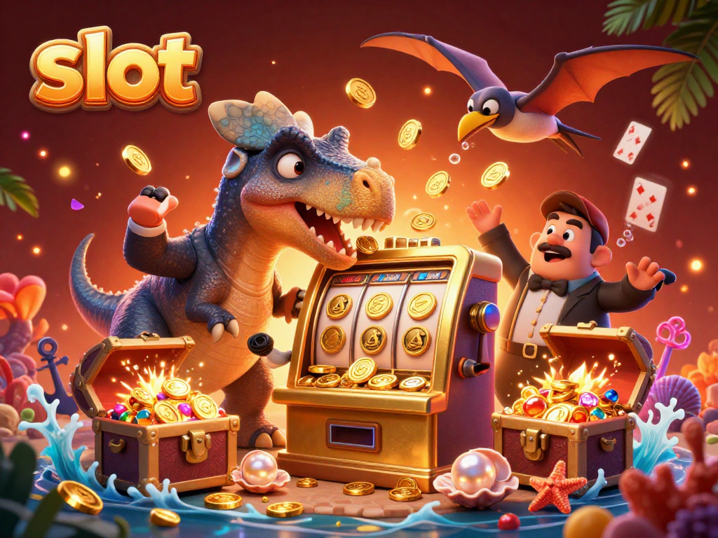 Experience the thrill of slots as a cartoon pachycephalosaurus activates a golden machine, showering coins.
