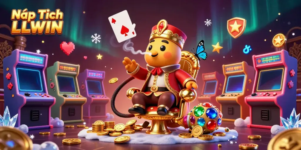 Nạp Tiền LLWIN scene featuring a vibrant caterpillar master blowing poker hand smoke in a colorful casino.
