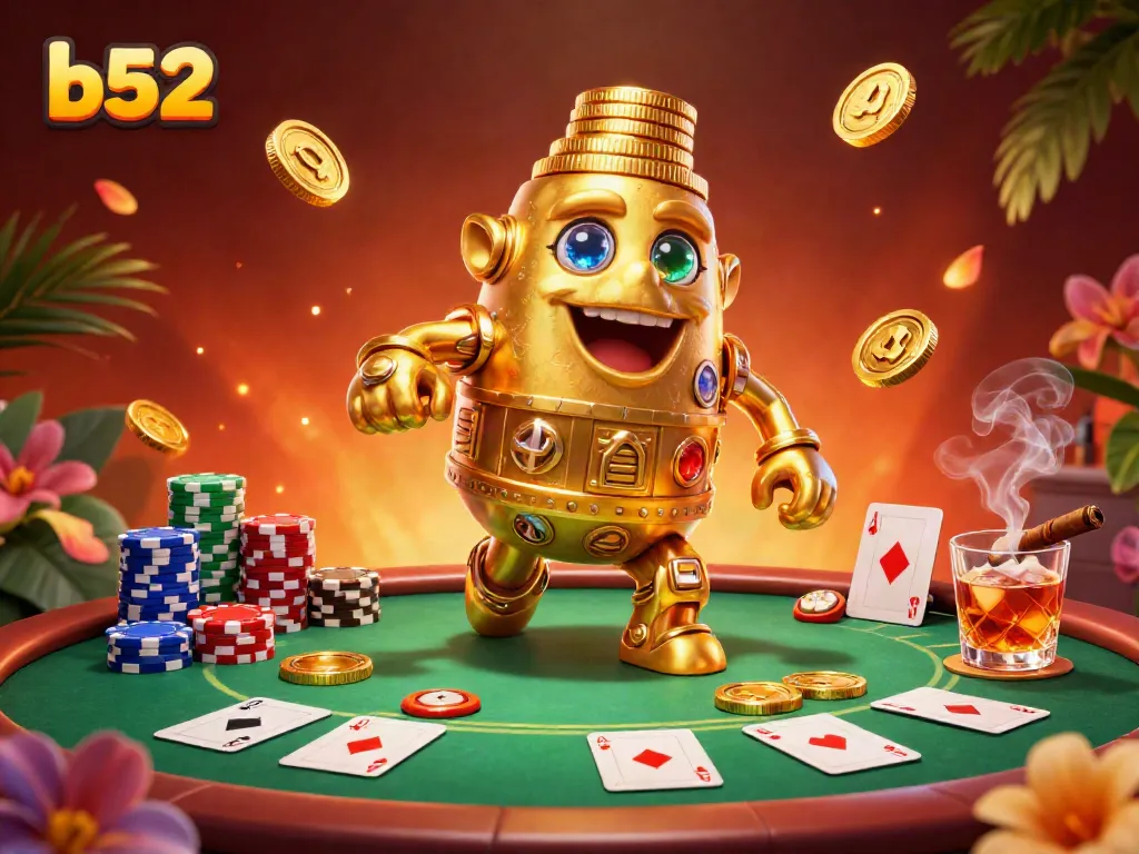 Experience the thrill of b52 casino gaming with a vibrant 3D scene featuring golden golems and poker elements.
