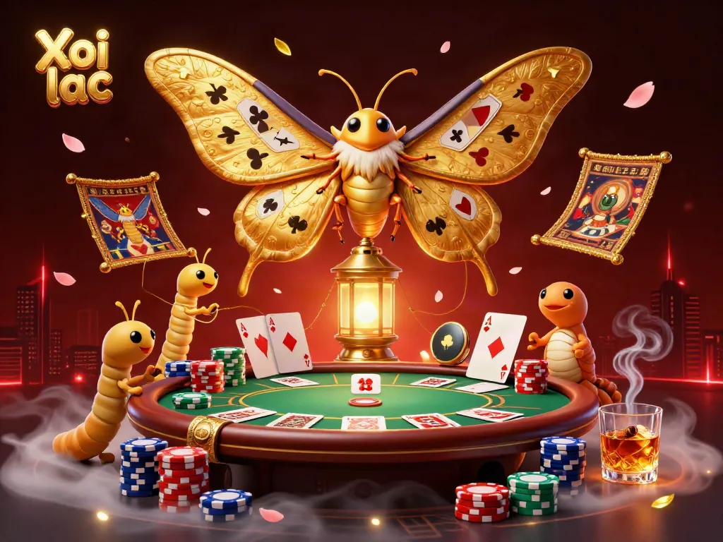 Xoi lac showcases a vibrant casino scene with a golden-winged moth and poker elements.
