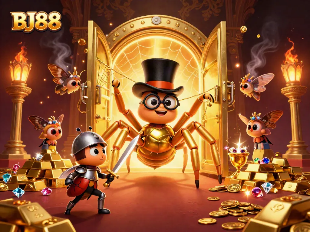 BJ88 brings thrilling live casino action with a giant golden tarantula and brave knight amid treasure and excitement.
