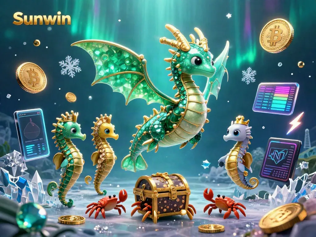 Engage with the dynamic world of Sunwin featuring a captivating sea dragon amidst cryptocurrencies and casino elements.