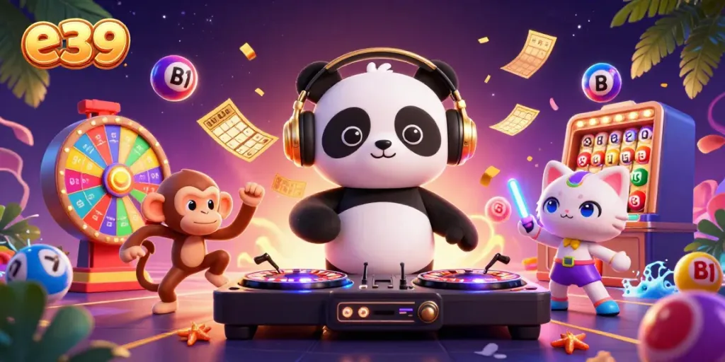 Join the fun at e39 as a DJ panda spins and a breakdancing monkey celebrates with lively lottery elements.