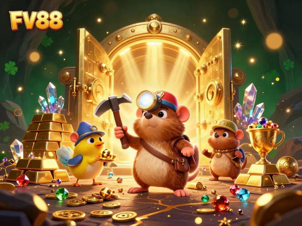 Experience the thrill of FV88 with a treasure hunter mole in a glowing gem-filled cave, showcasing dynamic gambling elements.